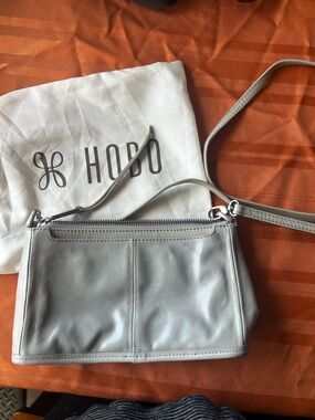 HOBO Light Gray Leather Shoulder Bag with Adjustable Strap